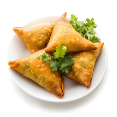 Plate with vegetarian Indian samosas isolated on white background
