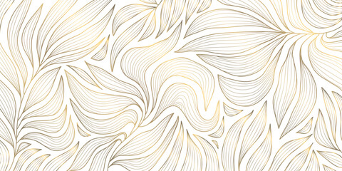 Fototapeta premium Vector line art deco gold leaves, flowers background. Vintage floral plant pattern, elegant japanese ornament, fancy royal poster