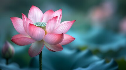 Fototapeta premium Pink Lotus Flower Blooming in Water with Soft Teal Background