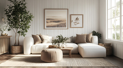 Nordic farmhouse living room model with internal walls