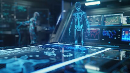 Futuristic medical technology showcasing a holographic skeleton model in a high-tech lab environment.