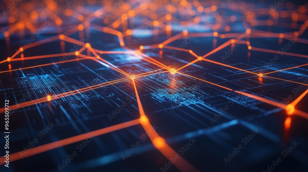 Poster abstract digital network with orange lines and blue background