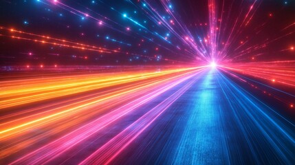Bright neon light streaks of pink, blue, and orange racing towards a vanishing point, evoking a futuristic and high-speed digital environment
