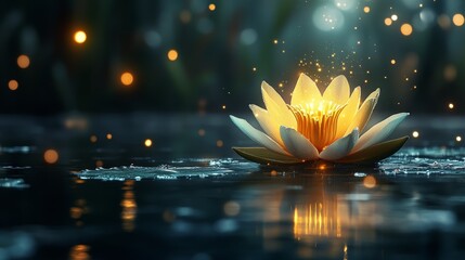 Glowing Water Lily in a Dark Pond with Bokeh Lights