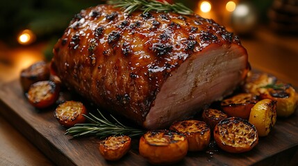 A close-up of a glazed Finnish Christmas ham, perfectly roasted with a crispy skin, served on a rustic wooden board with roasted vegetables, soft and warm holiday lighting,