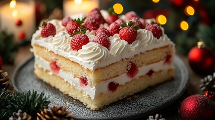 A close-up of a Japanese Christmas cake, fluffy and light with whipped cream and strawberry toppings, set on a holiday table with festive decorations,