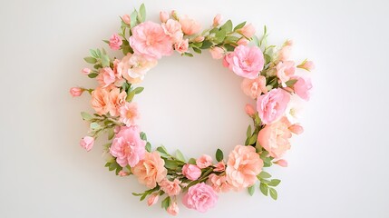 Delicate Wreath of Pink and Peach Blooms with Soft Green Leaves Isolated on a Clean Background, Featuring Ample Text Space for Announcements or Invitations