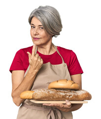 Caucasian mid-age baker with bread loaves pointing with finger at you as if inviting come closer.