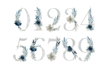 Vector watercolor floral numbers with indigo flowers for wedding invitations, greeting card, birthday, logo, poster and other. Blue flower letters.