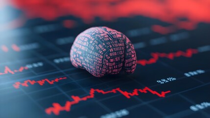 Digital Brain on Stock Market Chart, Red and Black