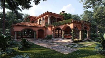 Obraz premium A beautiful Spanish-style home with a red tile roof, stone columns, and a lush tropical garden.