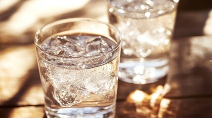 Two glasses filled with refreshing ice water, perfect for quenching thirst on a warm day or enhancing a relaxing atmosphere.