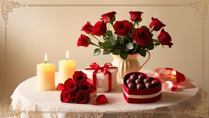 christmas still life with candle and rose