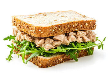 Tuna salad sandwich with lettuce and arugula isolated on white background 