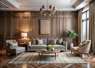 "Elegant wall trims in a mix of textures and patterns, including wood paneling, wallpaper, and molding, framing a minimalist living room."