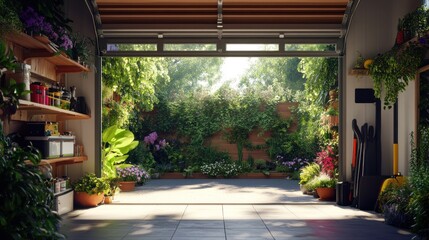 Open garage door reveals a lush backyard garden with a wooden fence and a patio.