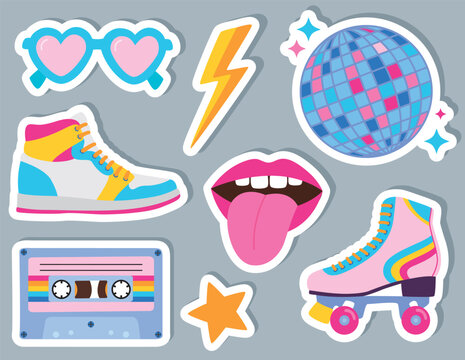 Set of cute stickers with retro objects from 80s-90s. Vector cartoon illustration on gray isolated background