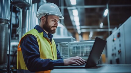 Professional Engineering workers in modern factories use laptop controlling programs for automatic machinery at industrial plants with a steam engine room. large machines working fully automatically.