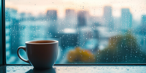 Steaming cup of coffee resting on window sill overlooking rainy city