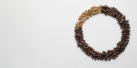 Coffee beans arranged in circle forming gradient on white background