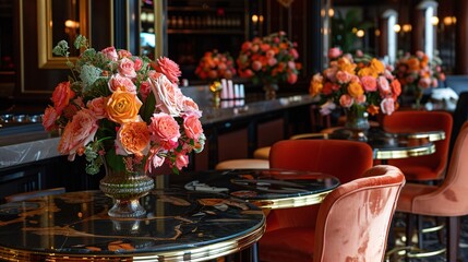 A refined bar space showcasing luxury tables and chairs with decorative flowers, captured in high resolution. With copy space for text
