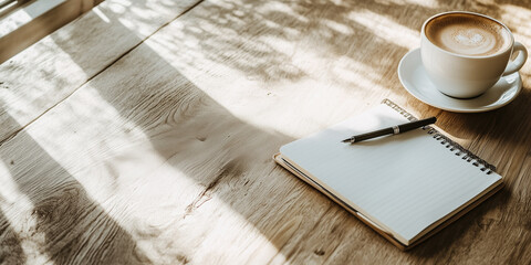 Notebook and pen lying on wooden table with coffee cup