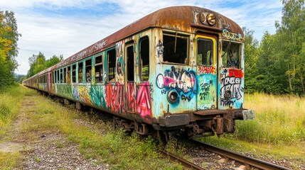 Obraz premium A train with graffiti on it is parked on the tracks. The graffiti is colorful and covers the entire train. The train appears to be old and abandoned