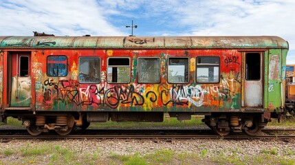 Fototapeta premium A train with graffiti on it is parked on the tracks