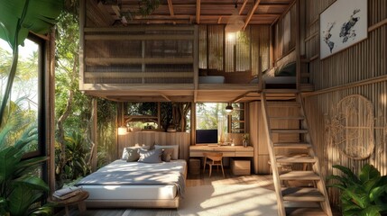 Obraz premium Cozy and rustic bedroom with a loft bed, wooden walls and a large window overlooking a lush green jungle.