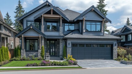 Fototapeta premium A beautiful modern home with a stone facade and a two-car garage.