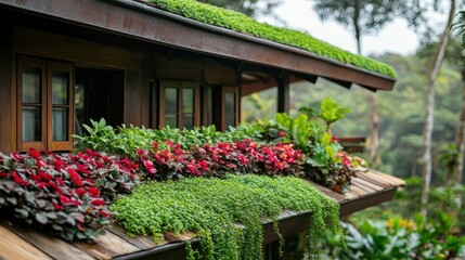 A wooden building with a green roof and red flowers growing around the windows.