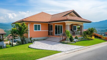 A modern orange house with a tile roof and a patio in front of it. The house has a stone wall and a metal railing.