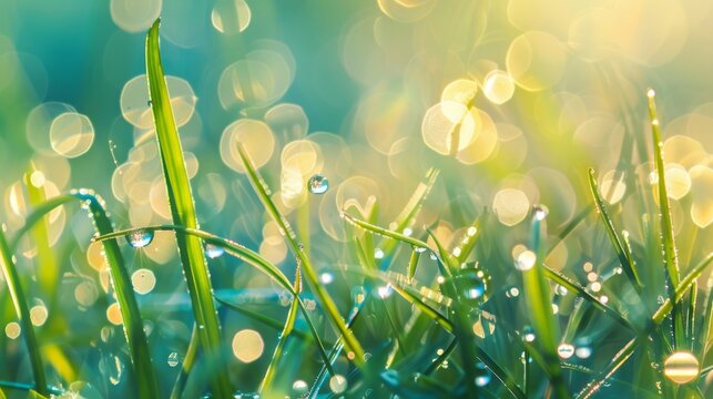 Sparkling dew drops on vibrant springtime grass
