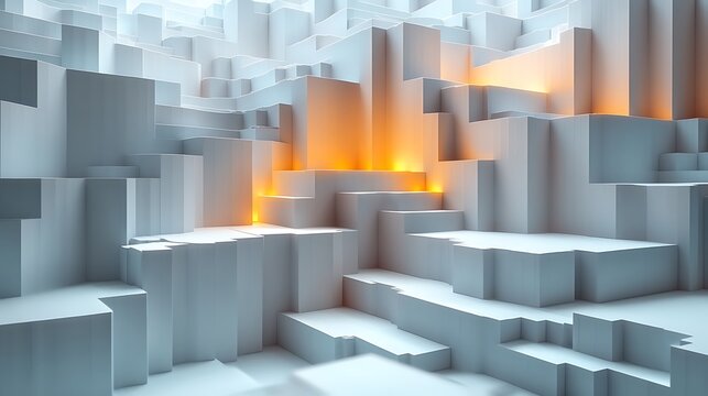 A 3D papercraft waterfall chart, cascading paper blocks of varying sizes, each block slightly offset in steps, glowing ambient light, soft shadows creating depth, clean minimalist background,