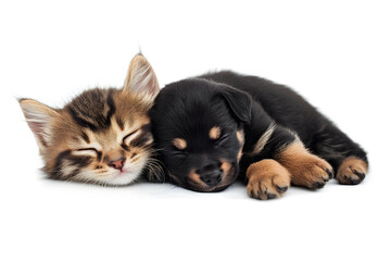 Cute little kitten and puppy sleeping together