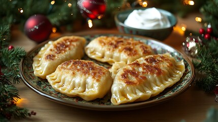 A festive scene with Polish pierogi, perfectly fried and golden, placed on a traditional ceramic plate, with a bowl of sour cream and holiday decorations in the background,