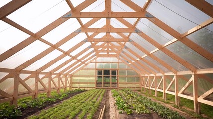 Fototapeta premium Building a large wooden greenhouse for vegetable cultivation Timber structure designed for growing vegetables Unusedglasshouse coated with bitumen mastic during early spring Agriculture