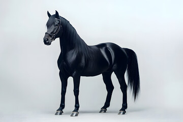 Fototapeta premium Majestic black horse standing proudly in full body pose isolated on white background