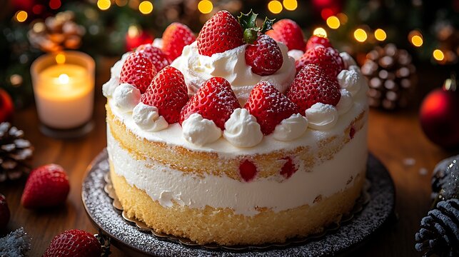 A fluffy Japanese Christmas cake topped with whipped cream and strawberries, served on a holiday table surrounded by Christmas garlands, twinkling lights, and glowing candles,