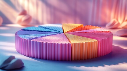 A colorful 3D papercraft pie chart, segmented wedges with unique patterns and textures, raised slightly from the circular base, soft shadows cast on a minimalist background, glowing light,