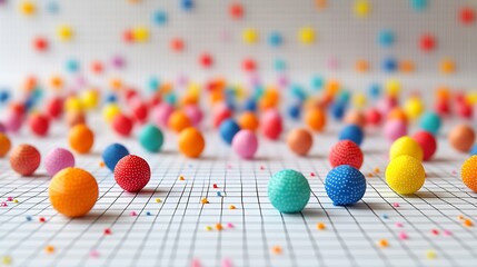 A colorful 3D papercraft scatter plot, small paper beads in various hues on a slightly elevated grid, clean background, smooth lighting and shadows, intricate dot textures,