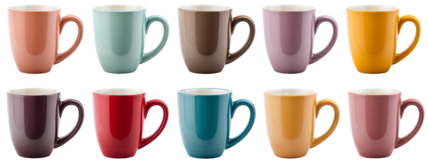Set of colorful ceramic coffee mugs in various pastel and bold shades – perfect for kitchenware, drinkware design, home decor, and coffee cup collections
