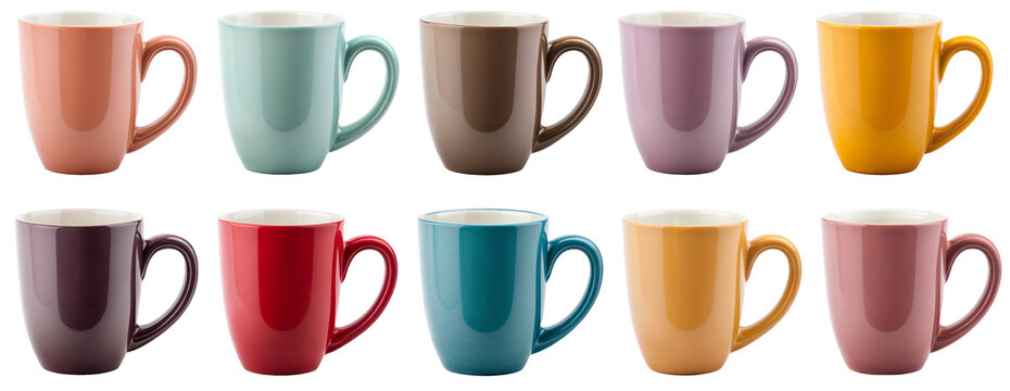 Set of colorful ceramic coffee mugs in various pastel and bold shades – perfect for kitchenware, drinkware design, home decor, and coffee cup collections