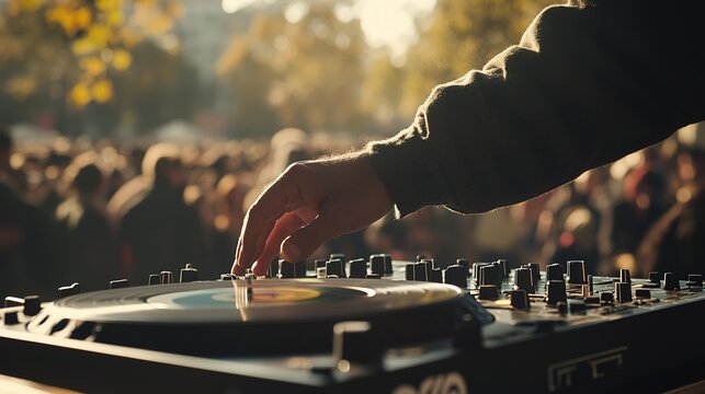 A close-up of the hands and equipment of an electronic DJ playing and mixing outdoors at a beach party festival with a crowd of people at night Fun, youth, entertainment, and fest concept.