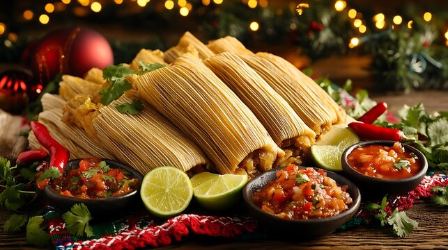 A holiday gathering featuring a large serving of tamales with various salsas, lime wedges, and chili peppers, set on a colorful Mexican cloth with Christmas lights and garlands in the background,