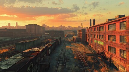 Fototapeta premium A photorealistic industrial district, with gritty, weathered buildings, smoke stacks, and heavy machinery, showcasing the raw and rugged side of the city's infrastructure and economy