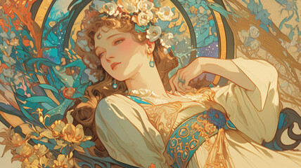 Fototapeta premium 昼下がり、木陰で眠る少女。ファンタジー,イラスト,幻想的,アニメ,アート