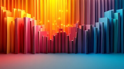 Obraz premium A creative 3D papercraft box plot, colorful folded paper strips forming rectangular boxes and vertical lines, representing data distribution, glowing ambient light, soft shadows,