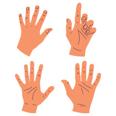 Male hand poses vector cartoon set isolated on a white background.