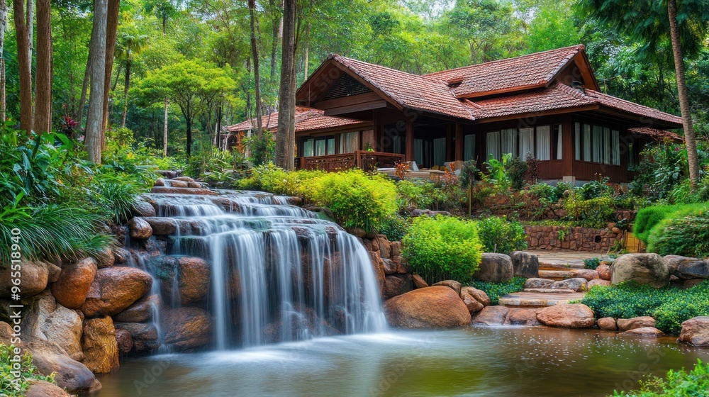 Wall mural tranquil waterfall flowing into a pond in front of a wooden cabin in a lush green forest.